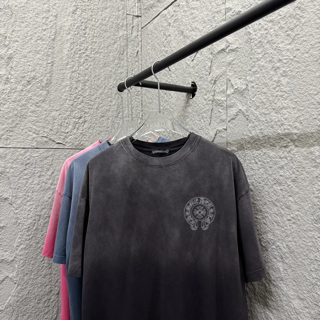 🅿️200 CH Croix Heart 2025 Summer New Style Heavy Acid Washing Gradient Distressing Chest Logo Classic Embroidery Customized Fabric Short Sleeve T-shirt Unisex Size: S M L XL XXL Five Codes (European Code) Color: Gradient Black Gradient Pink Gradient Blue